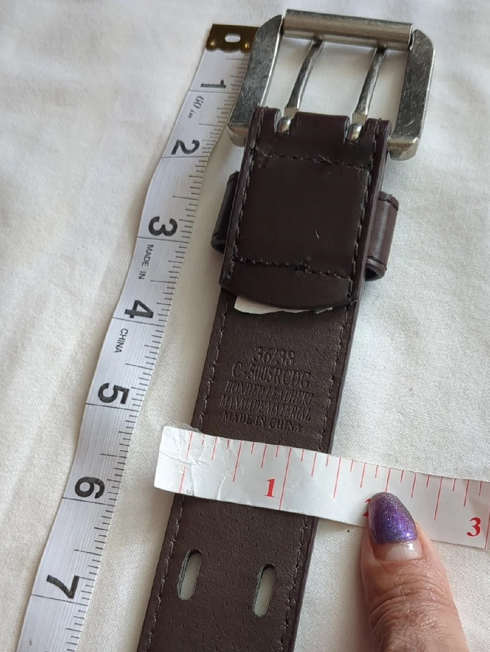 Belt Brown Leather Stitched Double-Row Perforation/Prong Metal Buckle OS Unisex